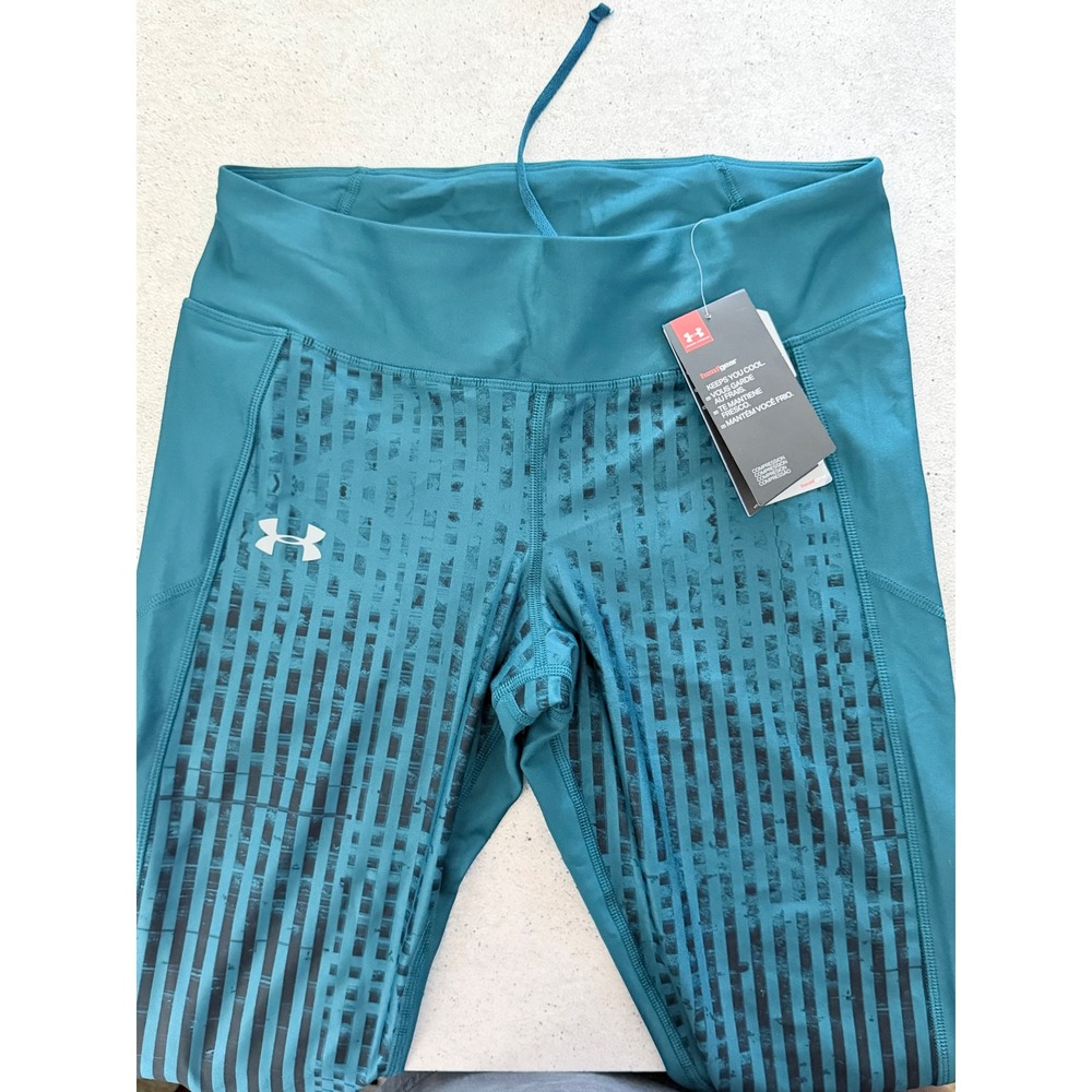 Under Armour HeatGear Compression Leggings Teal Blue Stripe 1320382 Womens L NWT